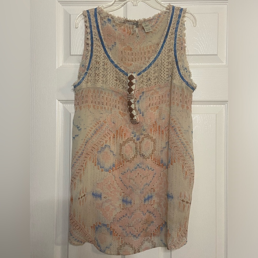 BKE Boutique Women's Small Tan Beige Tank Embellished Southwestern Beaded